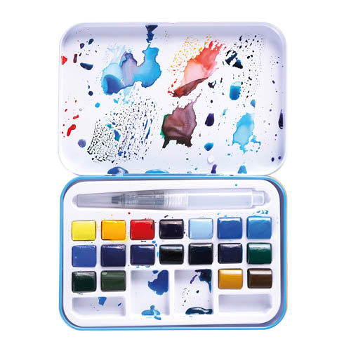 ACQUERELLI SCATOLA METALLO 18 DEMI-GODET + PENNELL