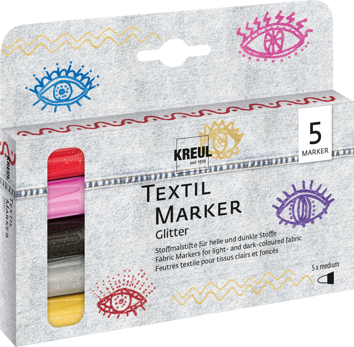 KREUL - MARKER PER TESSUTI - SET 5       GLITTER