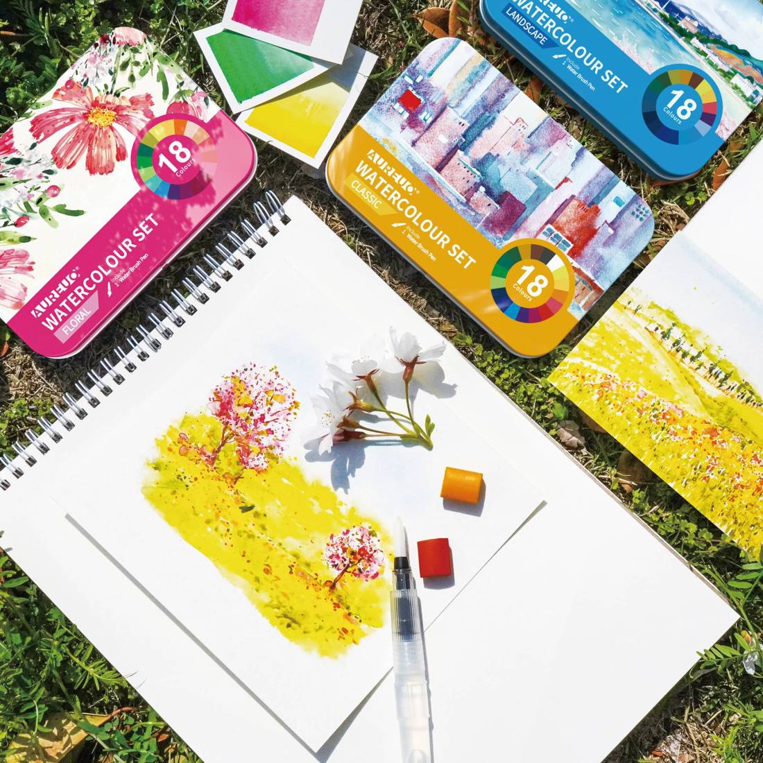 ACQUERELLI SCATOLA METALLO 18 DEMI-GODET + PENNELL