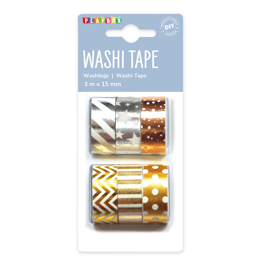NASTRO WASHI TAPE ROTOLO MT.3 X 15MM - SET PZ. 6 COLORI METAL