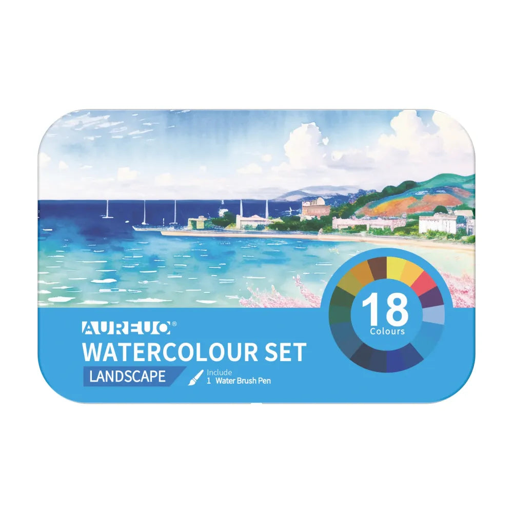 ACQUERELLI SCATOLA METALLO 18 DEMI-GODET + PENNELL