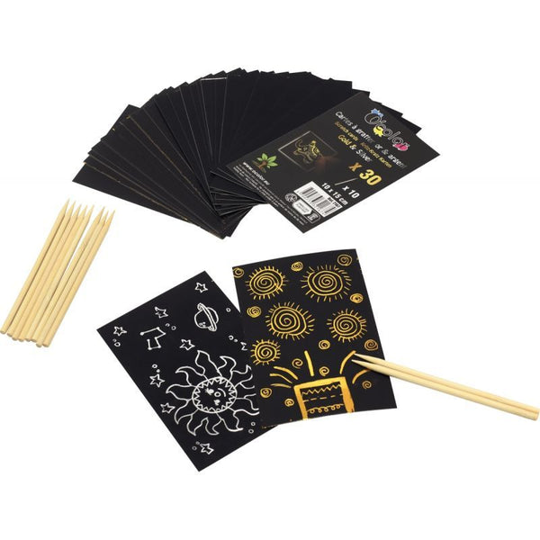 SCRATCH ART ORO/ARGENTO - SET 30 CARTONCINI CM. 10X15 + 10 PUNTERUOLI 