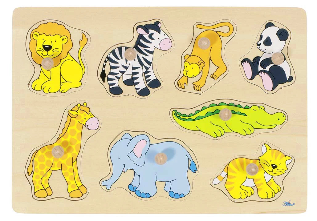 Puzzle Legno Con Pomelli Cm. 30X21 - Zoo Degli Animali