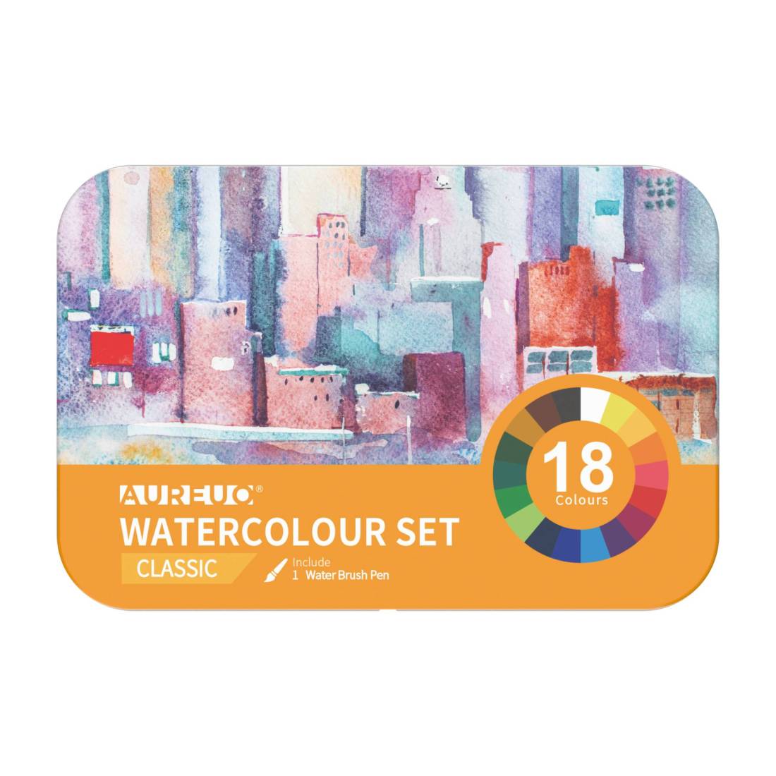 ACQUERELLI SCATOLA METALLO 18 DEMI-GODET + PENNELL