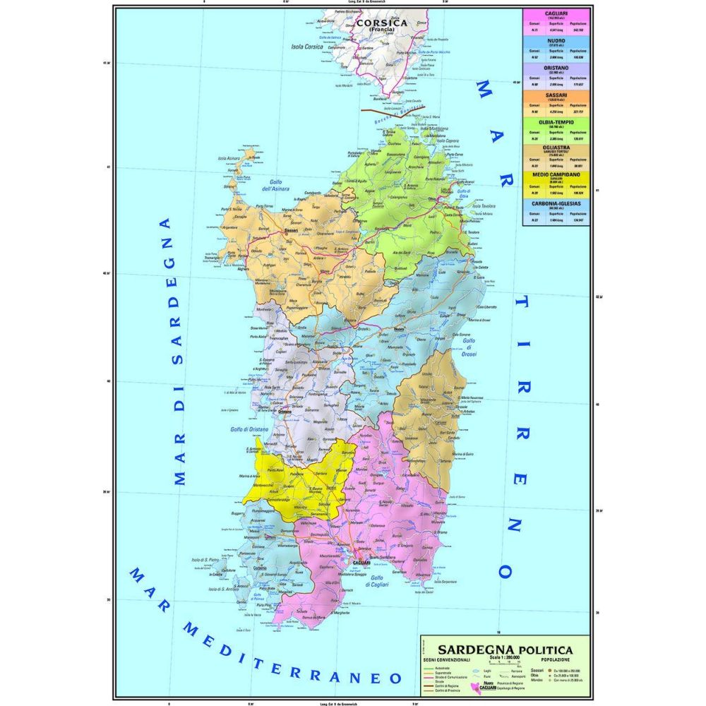 CARTA GEOGRAFICA DOPPIA 100X140 SARDEGNA