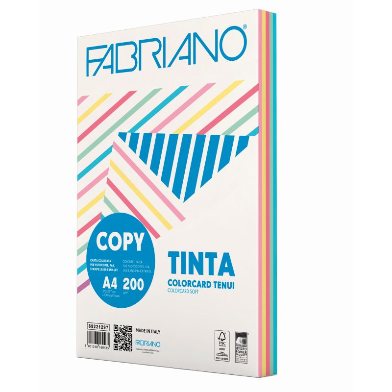 CARTONCINO COLORATO A4 GR.200 FG.100 5 COLORI TENUI